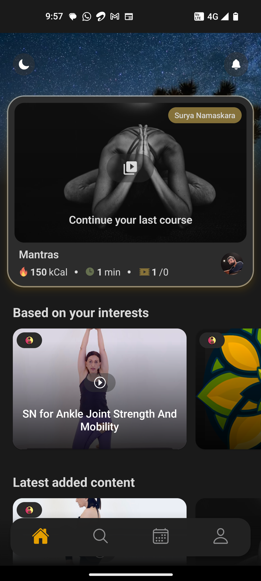 Home screen with Surya Namaskara practice card